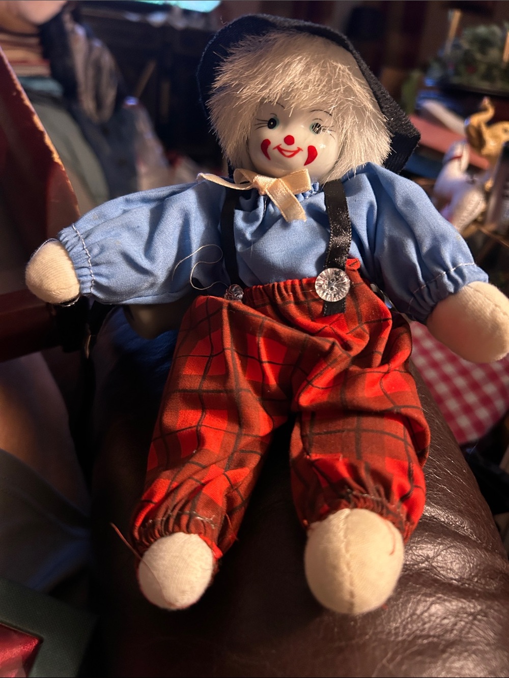 Small  8.5” Porecelain Daces Clown Doll Soft Body filled sand. Vintage EUC